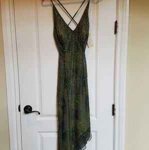 Formal, dark-green dress.